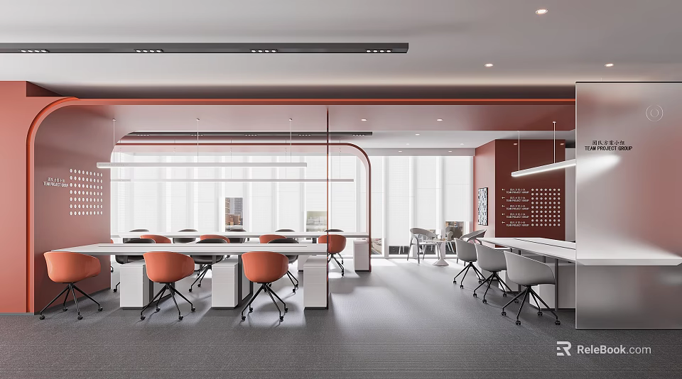 Modern Public Office Space Interior With Orange Chairs White Tables Red Walls And Open Layout 3d model 