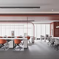 Modern Public Office Space Interior With Orange Chairs White Tables Red Walls And Open Layout