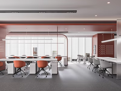 Modern Public Office Space Interior With Orange Chairs White Tables Red Walls And Open Layout 3d model