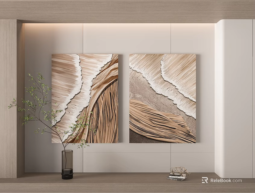 Two Wavy Decorative Paintings In Beige Brown Tones With Green Plant Vase And Decor Items 3d model 