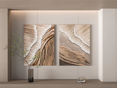 Two Wavy Decorative Paintings In Beige Brown Tones With Green Plant Vase And Decor Items 3d model