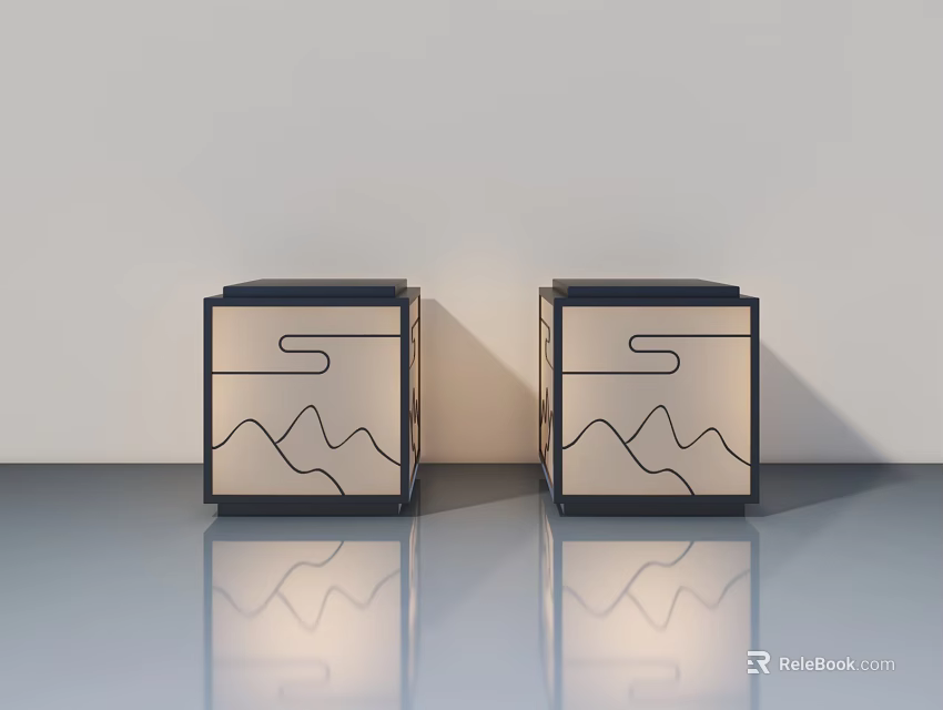 Two Modern Side Hinged Doors With Curved Line Patterns And Floor Reflections 3d model 