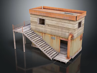 Two Story Wooden House With Rusty Roof Elevated Platform And Wooden Stairs 3d model