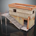 Two Story Wooden House With Rusty Roof Elevated Platform And Wooden Stairs