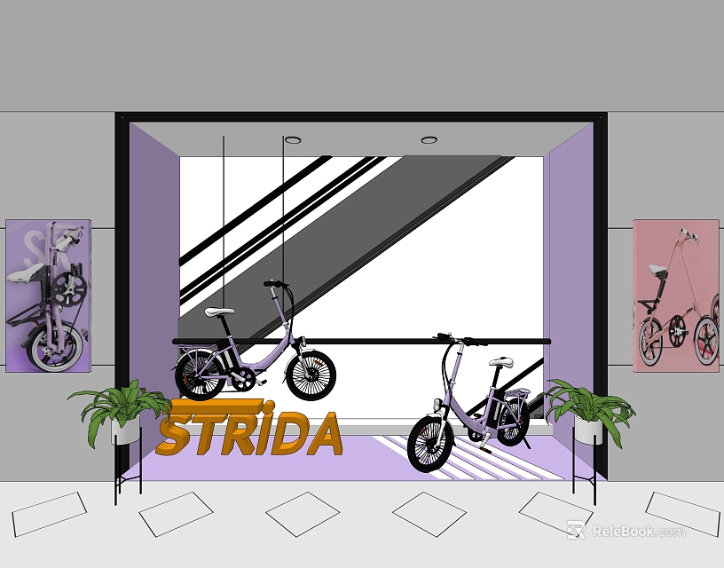 STRIDA Bicycles Showcasing In Modern Shop Window With Plants And Wall Posters 3d model 
