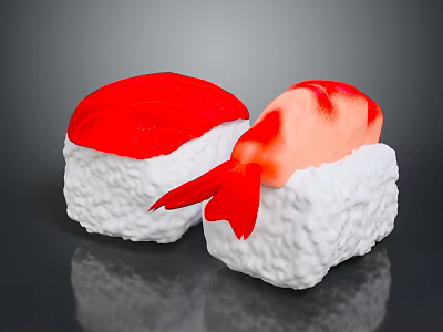 Fresh Two Piece Sushi With White Rice And Red Shrimp Tail 3d model