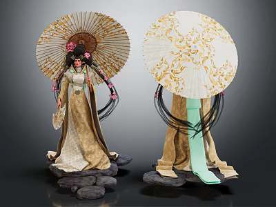 Oriental Female Figures in Traditional Costume with Decorative Umbrellas and Elaborate Hair Details 3d model