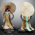Oriental Female Figures in Traditional Costume with Decorative Umbrellas and Elaborate Hair Details