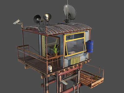 Elevated Metal Shack With Corrugated Roof Satellite Dish Speakers And Balcony 3d model