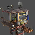 Elevated Metal Shack With Corrugated Roof Satellite Dish Speakers And Balcony