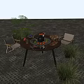Outdoor Round Table with BBQ Grill Fresh Food and Two Chairs in Garden Setting