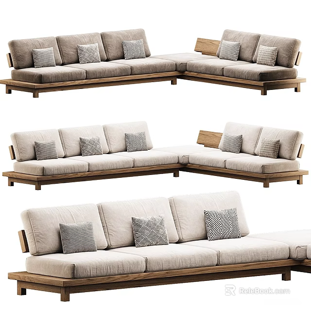 Modern L Shaped Outdoor Sofa With Wooden Frame Beige Cushions And Gray Pillows 3d model 