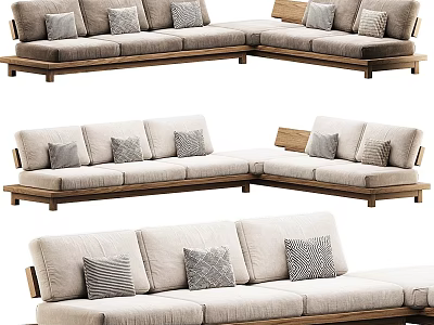 Modern L Shaped Outdoor Sofa With Wooden Frame Beige Cushions And Gray Pillows 3d model