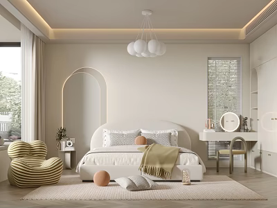 Cozy Kids Room Interior With Bed Pillows Striped Chair Modern Chandelier And Beige Rug 3d model