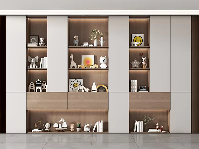 Modern Minimalist Built In Bookcase With Warm LED Light And Cute Home Decor Displays 3d model