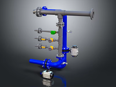 Plumbing Hardware Components Including Blue Gray Pipelines Multiple Valves And Gauges 3d model