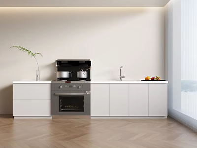 Modern Kitchen Interior With White Cabinets Built In Oven Sink Fruits Plant And Wooden Floor 3d model