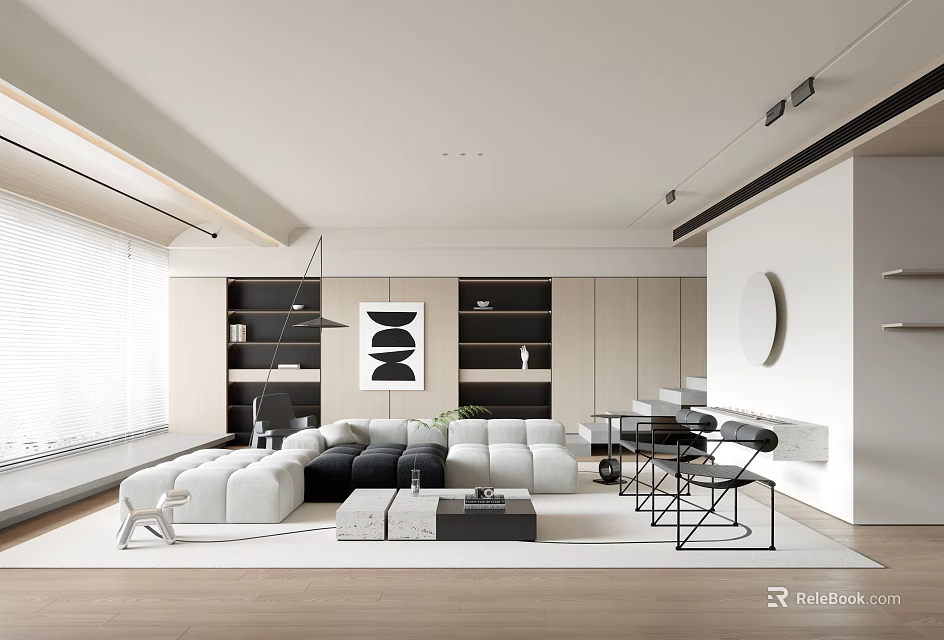 Modern Living Room Interior With White Black Sofa Coffee Table Wall Art And Wooden Floor 3d model 