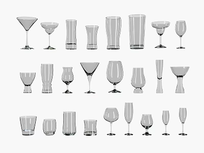 Various Types of Transparent Glass Cups in Different Shapes and Sizes 3d model