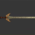 Ornate Sword With Red Handle Golden Wings Decoration And Engraved Blade