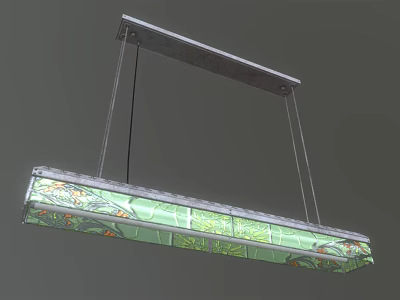 Hanging Rectangular Chandelier With Green Stained Glass And Elegant Colorful Floral Patterns 3d model