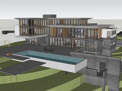 Modern Detached Villa With Swimming Pool Large Glass Windows And Lawn Area 3d model