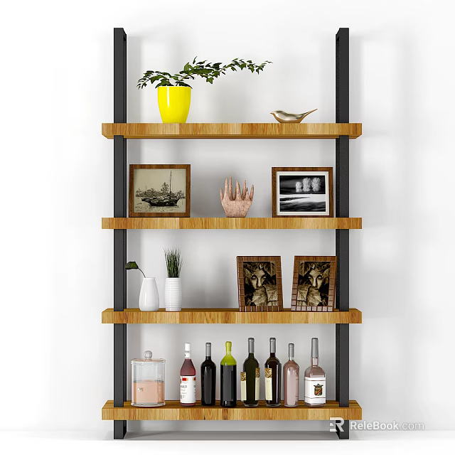 Stylish Storage Display Shelf With Wooden Layers Picture Frames Vases And Wine Bottles 3d model 