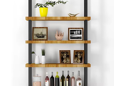 Stylish Storage Display Shelf With Wooden Layers Picture Frames Vases And Wine Bottles 3d model