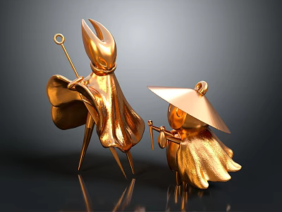 Golden Sculptures of Cloaked Figures Holding Scepter and Umbrella Hat 3d model