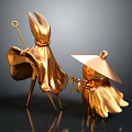 Golden Sculptures of Cloaked Figures Holding Scepter and Umbrella Hat