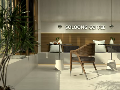 Soloong Coffee Modern Cafe Interior With Wicker Chairs Tables And Green Plants 3d model