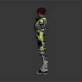 Futuristic Female Character In Yellow And Black Armor Suit Standing On Reflective Gray Background