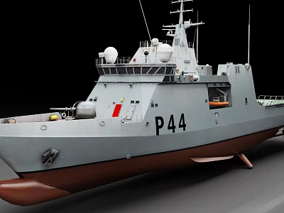 Modern Naval Warship P44 With Gray Hull Brown Bottom And Antenna Structure 3d model