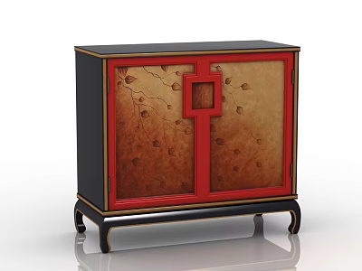 Elegant Chinese Style Sideboard With Black Red Finish And Gold Leaf Patterns On Doors 3d model
