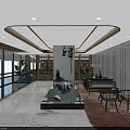 Modern Conference Room Interior With Neatly Arranged Blue Chairs Ceiling Light Strips And Marble Columns
