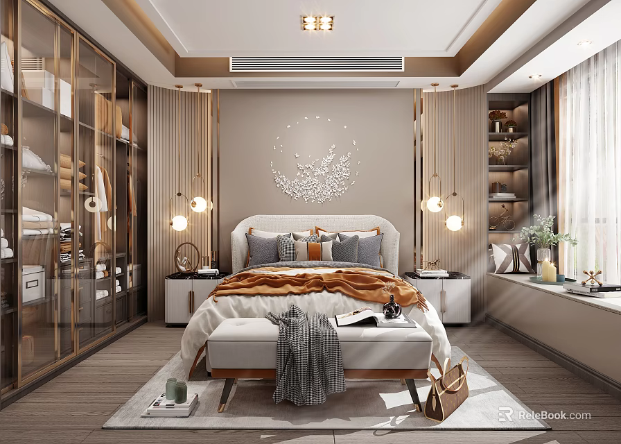 Elegant Modern Luxury Bedroom With Upholstered Headboard Decorative Wall Nightstands Soft Lighting And Neutral Tones 3d model 