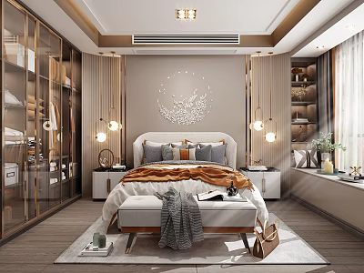 Elegant Modern Luxury Bedroom With Upholstered Headboard Decorative Wall Nightstands Soft Lighting And Neutral Tones 3d model