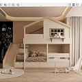Cozy Kids Room Interior Design With Bunk Bed Slide Chalkboard Wall And Play Tent