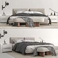 Modern Double Bed with Upholstered Headboard Nightstands and Gray Bedding