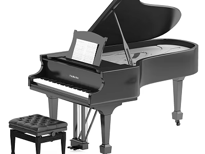 Musical Instruments And Art Supplies Featuring Black Grand Piano With Bench And Music Sheet 3d model