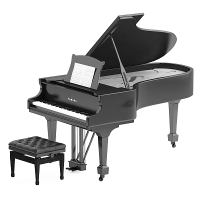 Musical Instruments And Art Supplies Featuring Black Grand Piano With Bench And Music Sheet 3d model