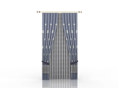 Blue and White Checkered Curtains with Striped Design and Tied Ribbons for Interior Decor 3d model