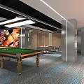 Billiard Room Interior Design With Green Felt Tables Orange Seating And Ceiling Lights