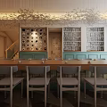 Modern Café Interior Design With Long Wooden Table Chairs Wall Decorations And Hanging Chandelier