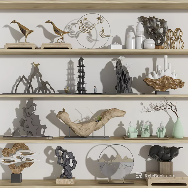 Decorative Ornament Set For Shelf Display With Wooden Ceramic Artistic Pieces 3d model 
