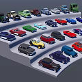 Colorful Car Models In Various Styles Arranged On Stepped Display Platform 3d model