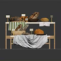 Various Fresh Bread Loaves Displayed On Wooden Stand With Tablecloth And Tile Floor