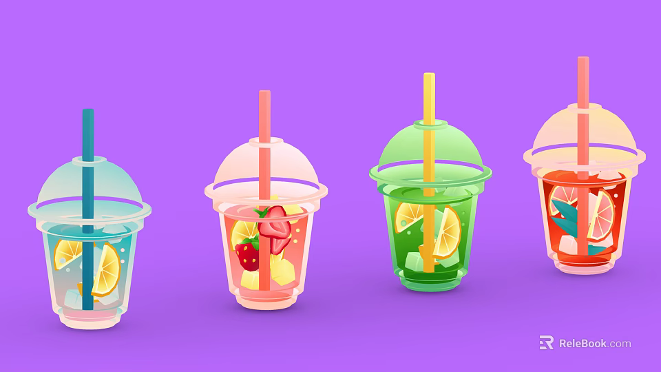 Colorful Iced Drinks with Fresh Fruit Slices in Transparent Cups with Straws and Lids 3d model 