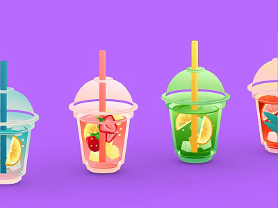Colorful Iced Drinks with Fresh Fruit Slices in Transparent Cups with Straws and Lids 3d model