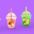 Colorful Iced Drinks with Fresh Fruit Slices in Transparent Cups with Straws and Lids